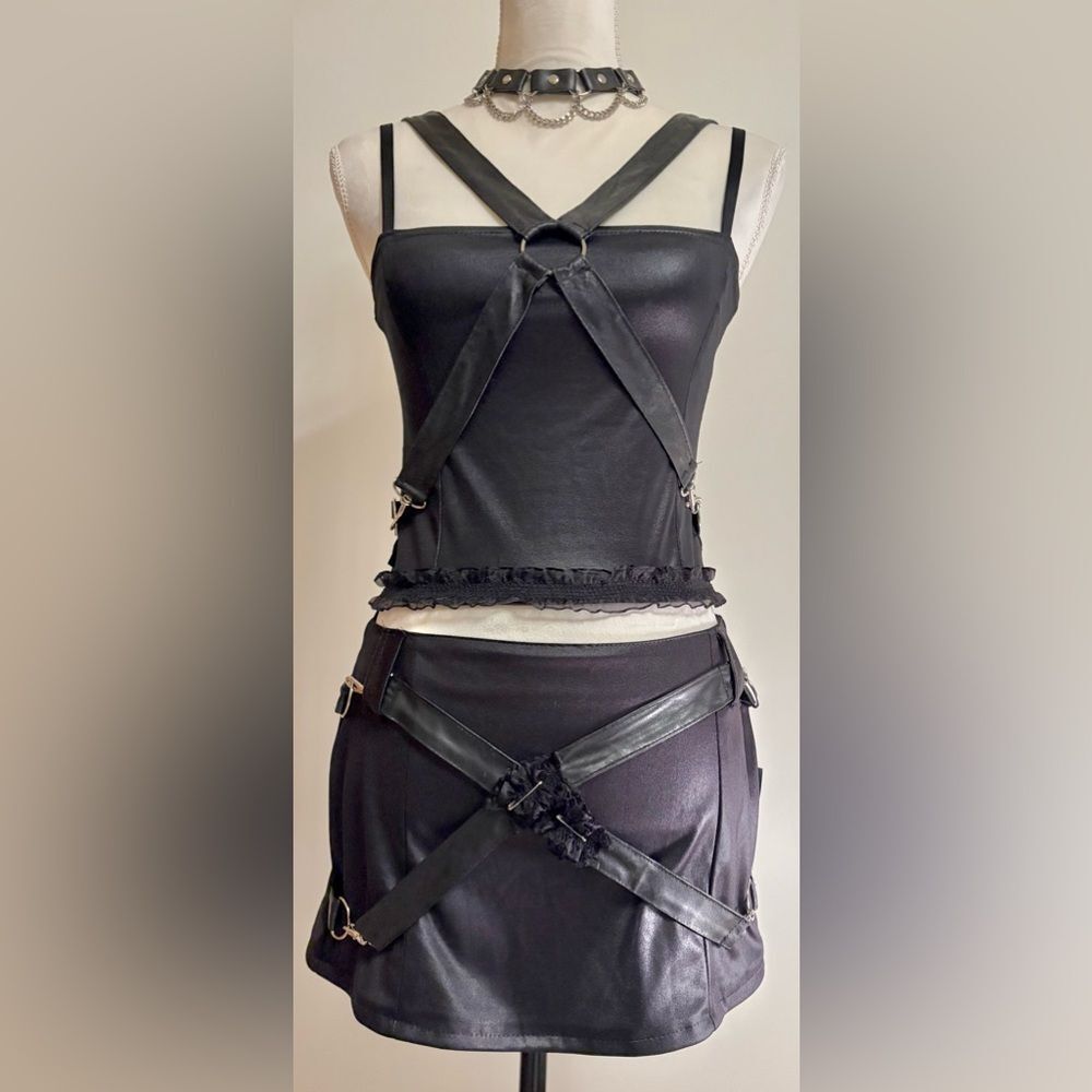 Vintage Y2K Serious LA Black Bondage Top and Skirt Set Sz Small